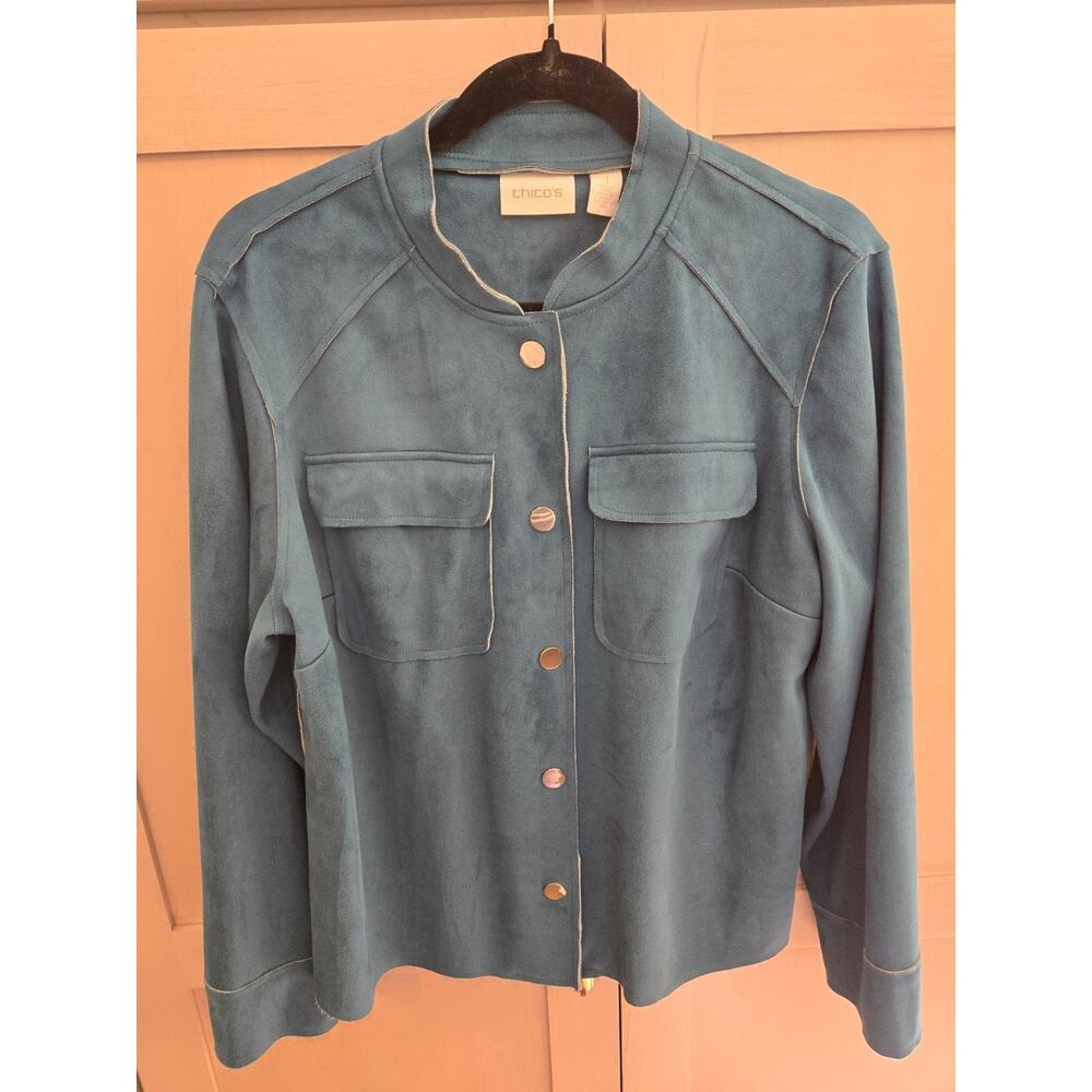 CHICO'S Double Face Sueded Jacket Size Medium Dark Teal Colorful Layers Spring - Picture 4 of 16